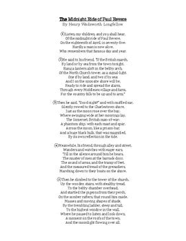 Longfellow's "The Midnight Ride of Paul Revere": Poem, Worksheet, and ...