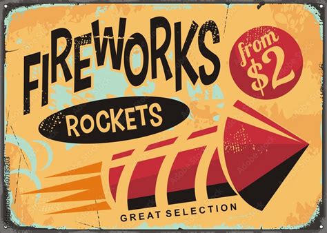 Fireworks shop sign with rocket and sparkles. Vintage festive sign on ...