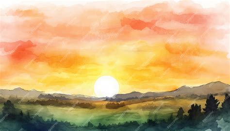 Premium Photo | A watercolor painting of a sunset with a mountain in ...