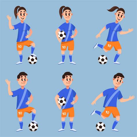 Set of soccer players in different poses. Male and female characters ...