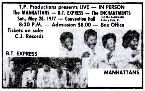 May 28, 1977: The Manhattans / B.T. Express / The Enchantments at Convention Hall Asbury Park ...