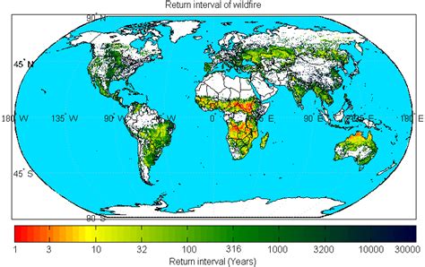 World map of wildfire return interval at 0.25º resolution. The return ...