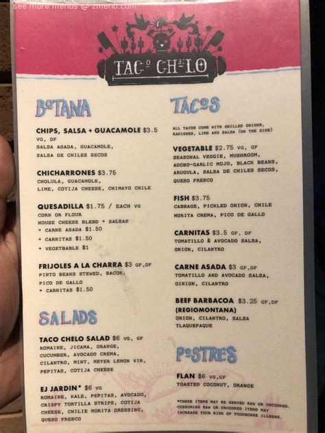 Menu at Taco Chelo pub & bar, Phoenix