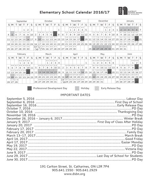 Elementary School Calendar - September to January