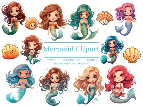 Mermaid Clipart, Cute Mermaid PNG, Underwater Clipart Instant Download ...