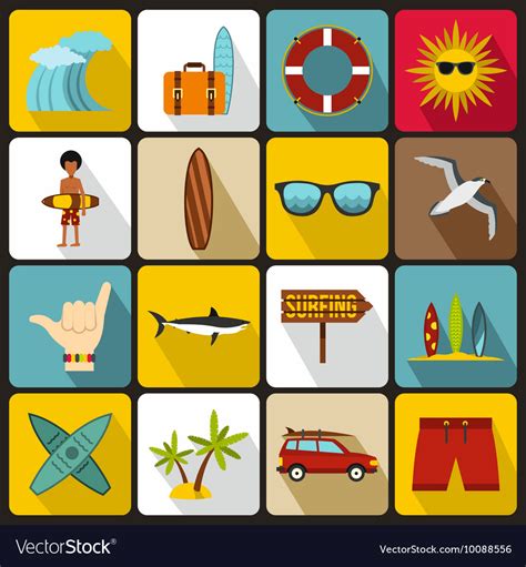 Surfing icons set flat style Royalty Free Vector Image