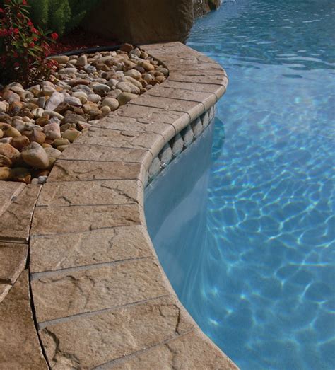 I'm in love with this paver coping, natural stone look. | Pool pavers, Pool coping, Stone pool