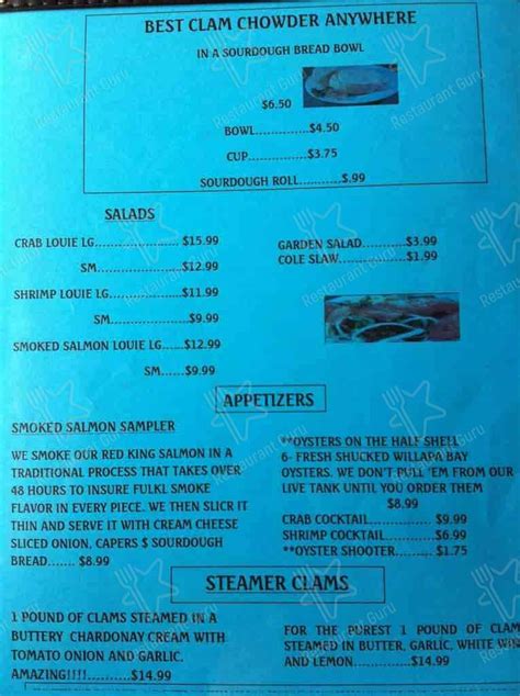 Menu at Mike's Seafood restaurant, Ocean Shores