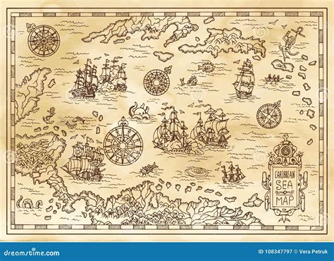 Old Caribbean Sea Map. Ancient Pirate Routes, Fantasy Sea Pirates Ships ...