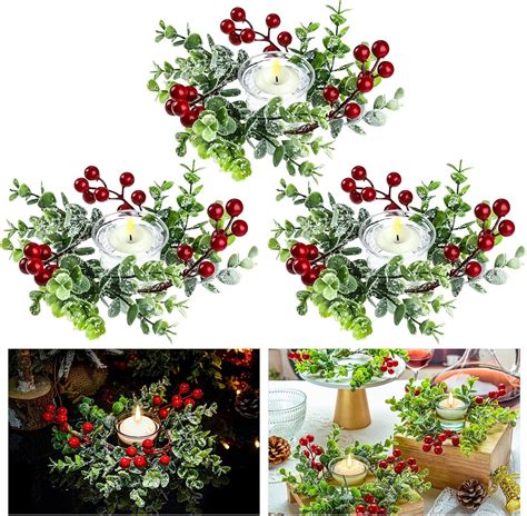 Christmas Candle Rings Votive Candle Holders Artificial Red Berries ...