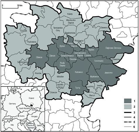 The administrative map of the Katowice conurbation in Poland ...