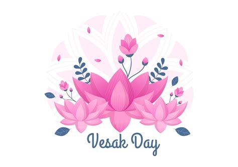 Vesak Day Celebration with Temple Silhouette, Lantern or Lotus Flower Decoration in Flat Cartoon ...