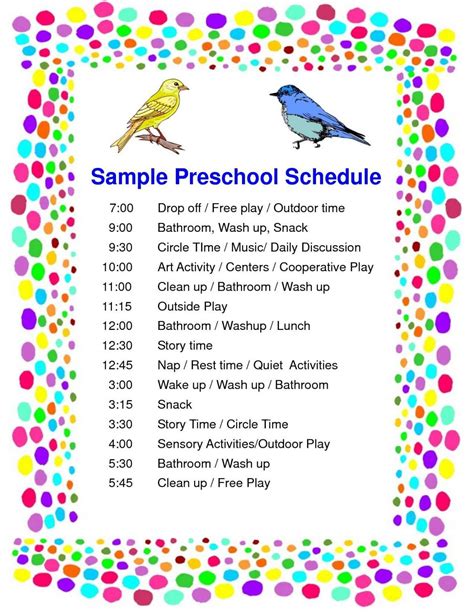 Preschool Classroom Schedule Template with Colorful Circles and Birds