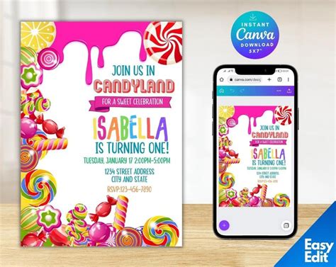 Editable Candy Birthday Invitation. Candyland Birthday. Candyland Invitation. Candyland Lolipop ...