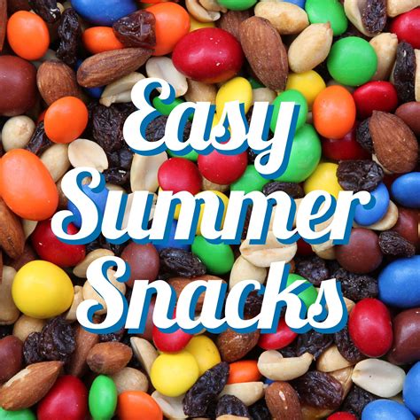 the words easy summer snacks are surrounded by assorted candy beans and almonds in blue letters