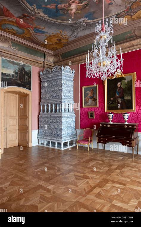 Rundāle Palace interior. The Audience Cabinet of the Duke of Courland with ceramic heater Stock ...