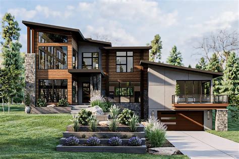 2-Story 4-Bedroom Modern Mountain House with 3 Living Levels for a Side-sloping Lot (House Plan)