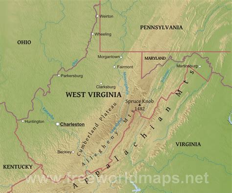 Physical map of West Virginia