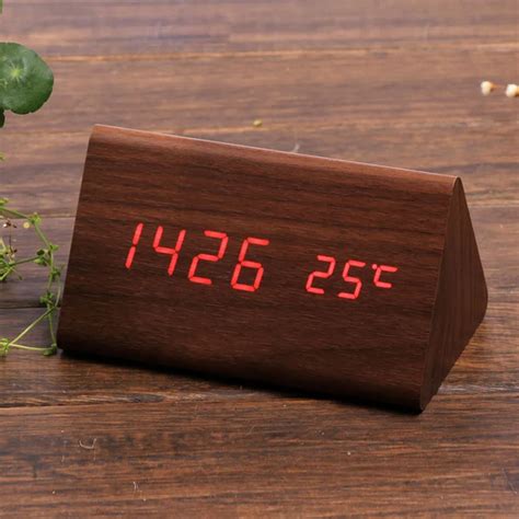 Desk Wooden Led Digital Alarm Clock with Temperature Sound Control Battery or USB Operated Table ...