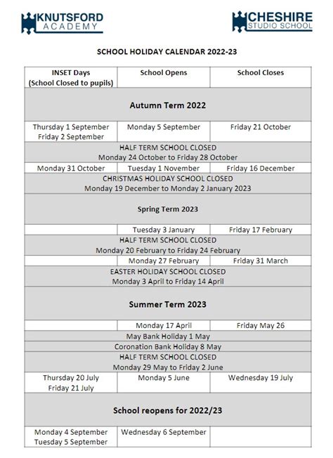 Term Dates | Knutsford Academy