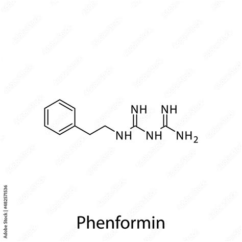 Phenformin molecular structure, flat skeletal chemical formula. Biguanide drug used to treat ...