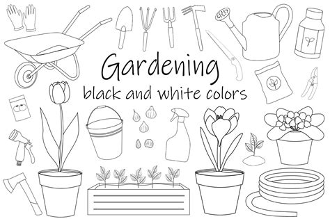 Gardening black and white. Garden tools. Elements gardening. By ...