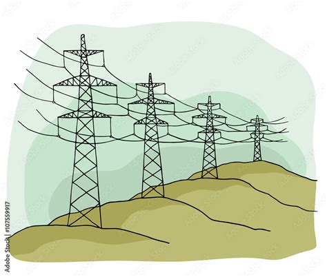 Cartoon power lines delivering energy standing in a row. Sketch high voltage electric power ...