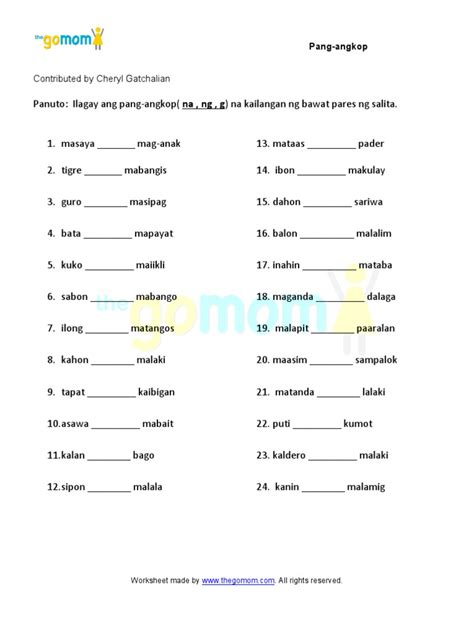 Pang-ukol Worksheet For Grade One