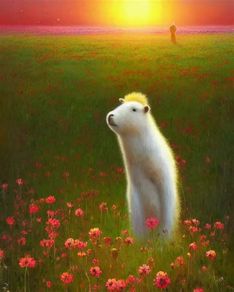 white capybara looking at the sun in a flower field, | Stable Diffusion