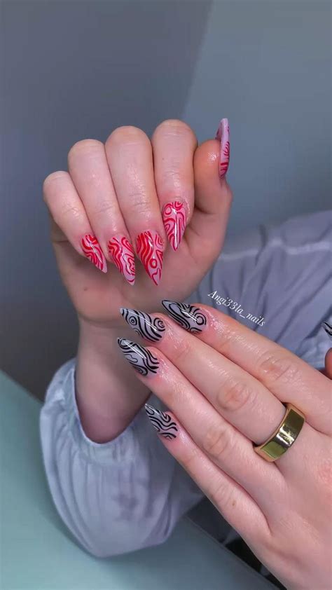 Black and red abstract nail design in stiletto acrylic | Nail designs ...