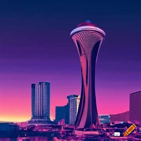 Vaporwave style depiction of las vegas strip with the stratosphere on Craiyon