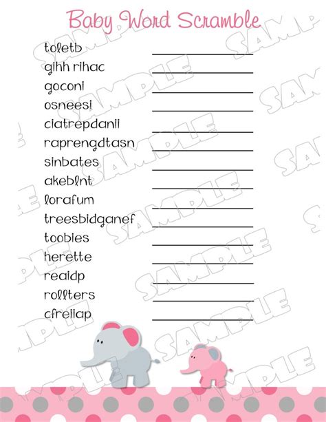 Pink Elephant Word Scramble Baby Shower Game Printable INSTANT - Etsy