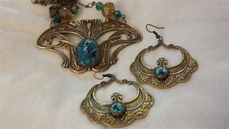 French Art Nouveau Necklace and Antiqued Brass Matching Earrings ...