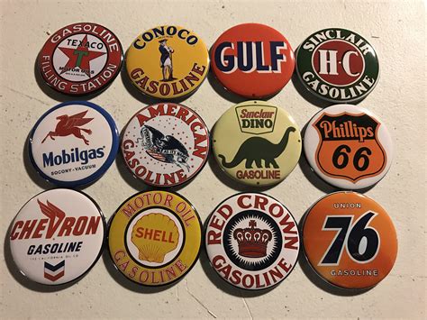 12 Gas Station Sign buttons with pictures of vintage gas station signs