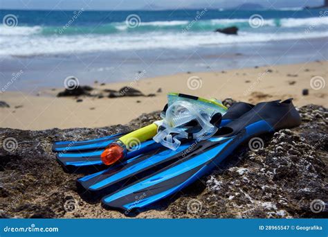 Snorkeling, Swimming, Diving Equipment on the Rock Beach. Stock Image - Image of diving, mask ...