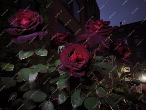 Premium AI Image | A dark red rose in a garden with a dark background.