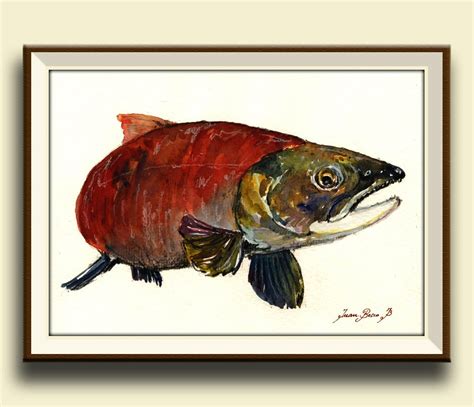 PRINT-Sockeye Salmon fish art wall painting watercolor original red ...