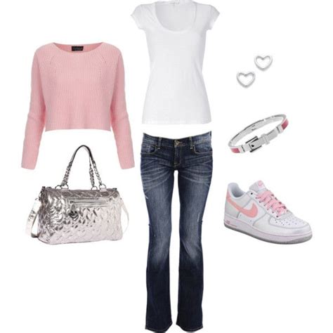 "Nike Air Force 1 Low soft pink/metallic outfit" I have this outfit except my pink sweater is a ...