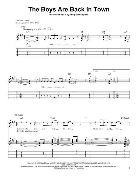 Thin Lizzy "The Boys Are Back In Town" Sheet Music Notes | Download ...