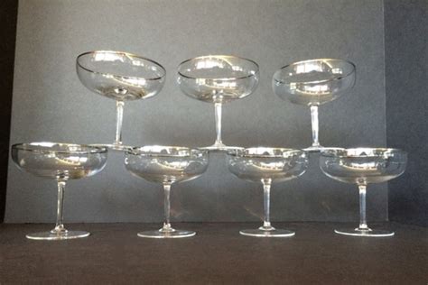 1950s Vintage Champagne Coupe Glasses. Set of 7. Silver Rim