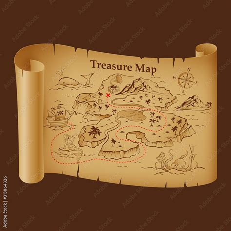 Stylized Pirate Map on Vintage Paper with Treasure on the Island ...