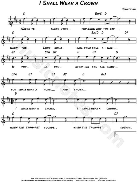 Gaither Vocal Band "I Shall Wear a Crown" Sheet Music (Leadsheet) in D Major (transposable ...