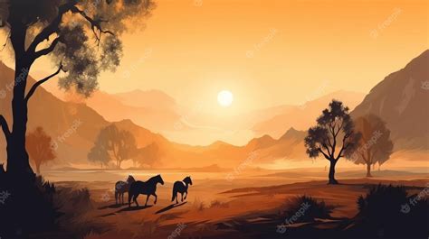 Premium Photo | A painting of horses in a landscape with a sunset in ...