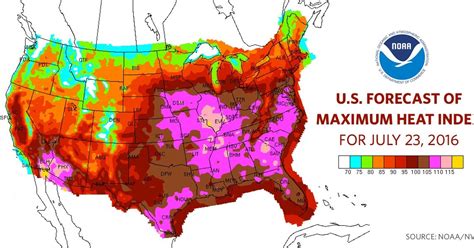 U.S. Forecast of maximum heat index for July 23, 2016