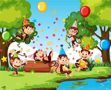 Monkey group in party theme cartoon character on forest background ...