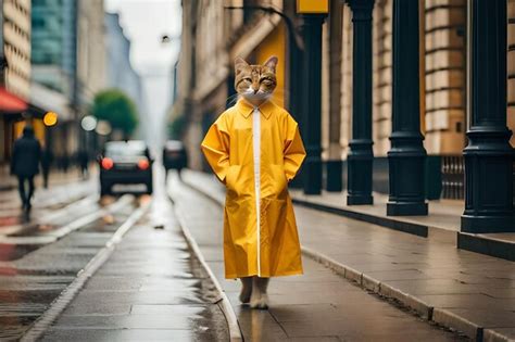 Premium AI Image | a cat wearing a raincoat with a yellow raincoat on it