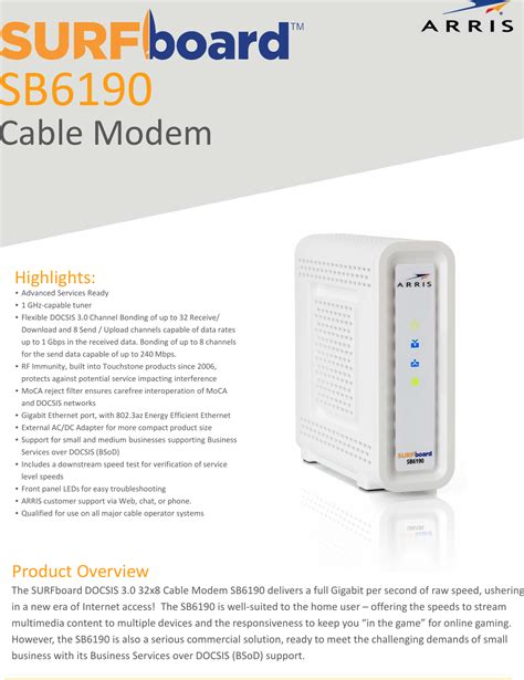 Arris SB6190 1 User Manual Specifications Data Sheet