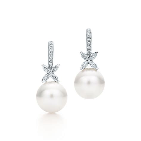 Tiffany Victoria® earrings in platinum with South Sea pearls and diamonds. | Tiffany & Co. US