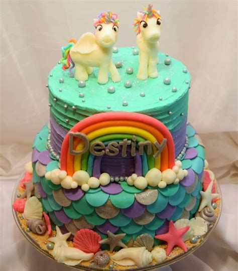 Destiny's Mermaid and Unicorns cake!! I had so much fun mixing these ...