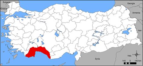 Location of Antalya province in Turkey (red colored area). Map shown in ...